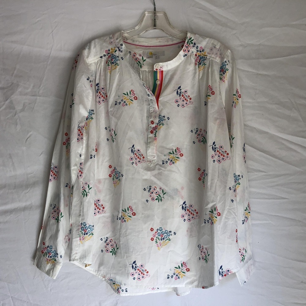 Boden Shirt Womens 2 White Floral 100% Cotton Henley Tunic Long Sleeve Top